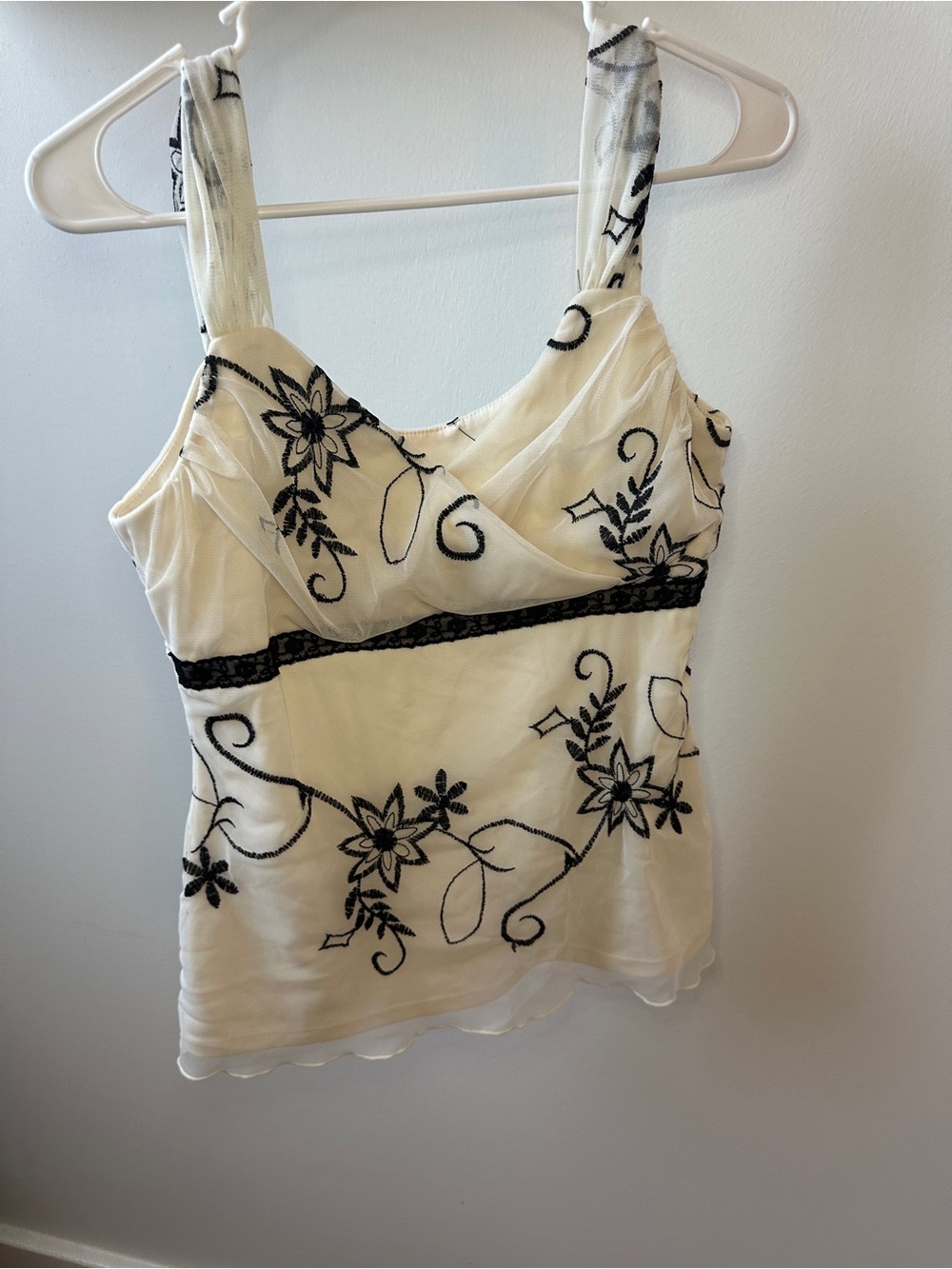 Off-White Floral Embroidered Tank Top with Black Accents